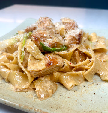 authentic doenjang pasta with pappardelle noodle